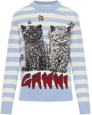 Ganni Striped Graphic Cat Jumper - Blue