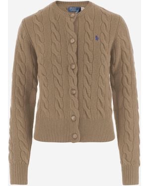 Polo Ralph Lauren Wool And Cashmere Cardigan With Logo - Natural