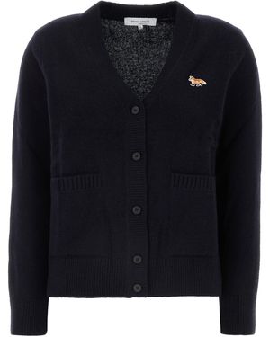 Maison Kitsuné Oversized Cardigan 100% Wool With Fox Patch - Black