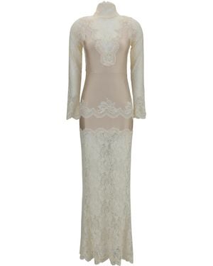 Rabanne Long Lace And Jersey Dress Polyamide; Elastane - White