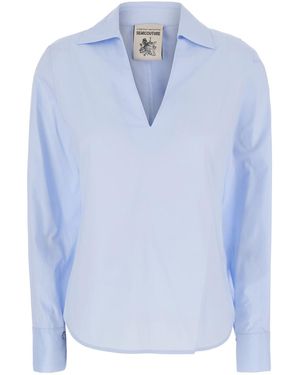 Semicouture Shirt With V-Neck, Cotton Blouses - Blue