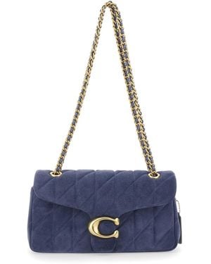COACH Crossbody Bag With Chain Handles And Logo Plate On The Front Suede For - Blue