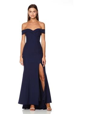 Jarlo Bella Bardot Maxi Dress With Thigh Split And Train - Blue