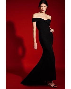 Jarlo Bella Bardot Maxi Dress With Thigh Split And Train - Black