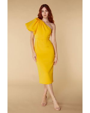 Jarlo Velvette One Shoulder Exaggerated Puff Sleeve Scuba Midi Dress - Yellow
