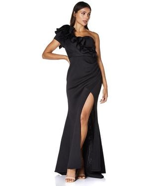 Jarlo Eden Front Ruffle One Shoulder Scuba Maxi Dress With Thigh Split - Black