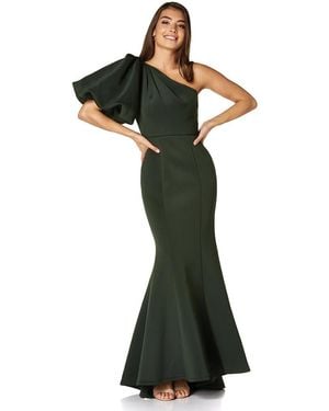 Jarlo Frances One Shoulder Exaggerated Puff Sleeve Scuba Maxi Dress - Green