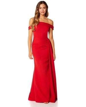 Jarlo Monica Off Shoulder Maxi Dress Pleated Side Skirt Drape - Red