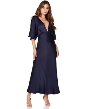 Jarlo Lee Deep V Neck & Back Midi Dress With Bell Sleeves - Blue