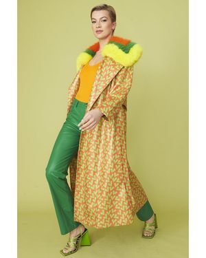 Jayley And Love Heart Trench Coat With Oversized Faux Fur - Yellow