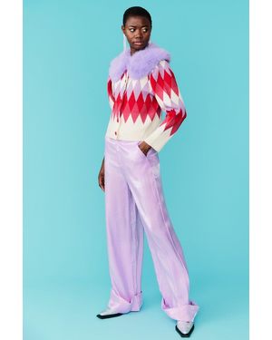 Jayley Diamond Design Banana Peel Cardigan Multi-Coloured With Faux Fu - Blue