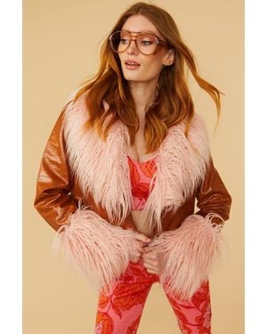 Jayley Faux Leather Biker Jacket With Mongolian Fur Cuffs A - Brown