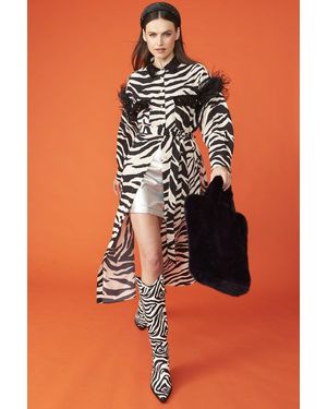 Jayley Zebra Print Trench Coat Dress With Feather Trim And Embellished - Orange