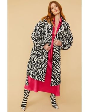 Jayley Zebra Print Faux Fur Midi Coat With Belt - Red