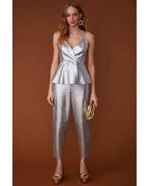 Jayley Faux Leather Metallic Peplum Top - Brown