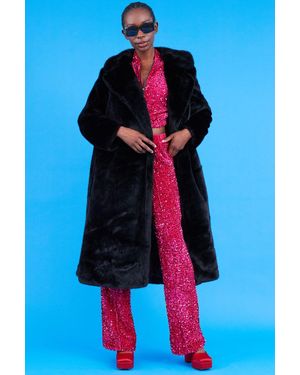 Jayley Faux Fur Maxi Trench Coat With Belt - Blue