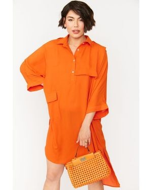 Jayley Oversized Loose Fitted Silk Blend Kimono Shirt Dress Siz - Orange