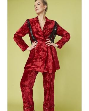 Jayley Crushed Velvet Blazer Dress With Sequin Tassels - Red