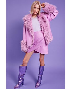 Jayley Metallic Mongolian Fur Trim Jacket - Purple