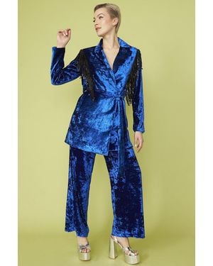 Jayley Crushed Velvet Blazer Dress With Sequin Tassels - Blue