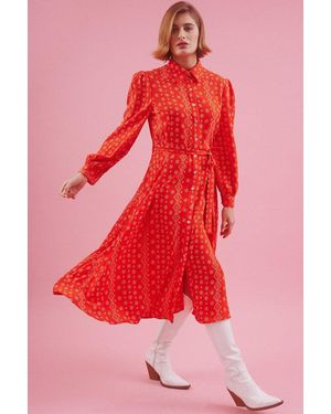 Jayley Eco Silk Midi Metallic Shirt Dress - Red