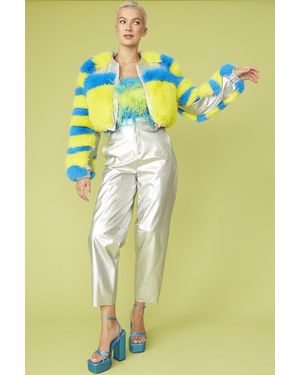 Jayley Striped Faux Fur Cropped Bomber Jacket - Yellow