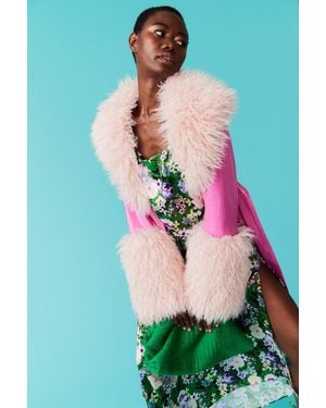 Jayley Eco Leather Trench Coat With Faux Mongolian Fur Cuffs And - Green