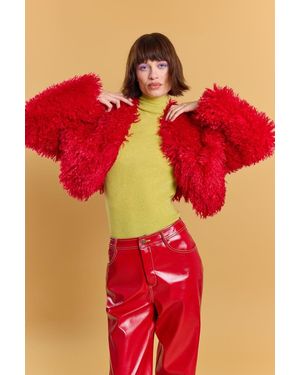 Jayley Bamboo Lyocell Blend Faux Mongolian Fur Jacket - Red