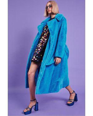 Jayley Faux Fur Maxi Trench Coat With Belt - Blue