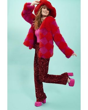 Jayley Delilah Diamond Faux Fur Jacket - Red