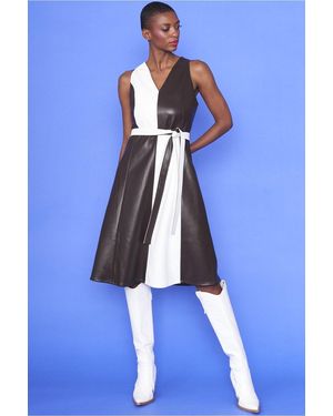 Jayley Faux Leather Contrast Colour Blocking Midi Dress - Blue
