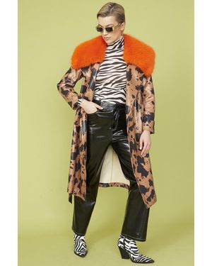 Jayley Cow Print Eco Leather Trench Coat With F - Brown