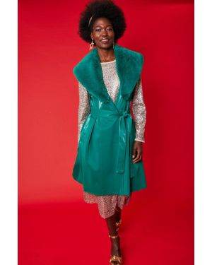 Jayley Banana Peel Midi Gilet Faux Fur Collar - Red