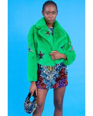 Jayley Bamboo Faux Fur Sequins Star Jacket - Blue