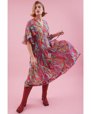 Jayley Abstract Midi Dress With Flutter Sleeves - Pink