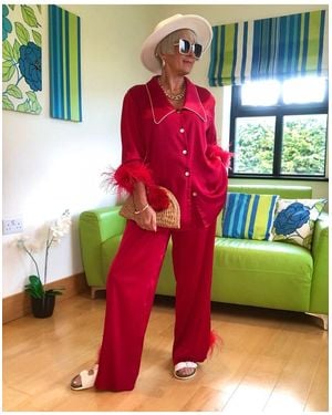 Jayley Silk Pyjamas With Feather Trim - Red