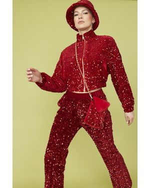 Jayley Sequin Cropped Biker Jacket - Red