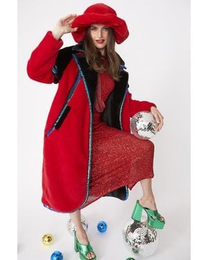 Jayley And Oversized Faux Fur Coat With Sequin Detail Size - Red