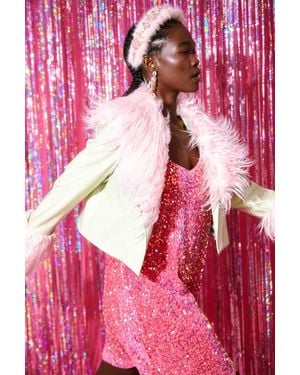 Jayley Mint And Faux Leather Biker Jacket With Mongolian Fur Cuff - Pink