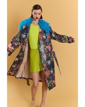 Jayley Faux Suede Embroidery Effect Trench Coat - Blue