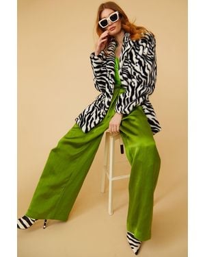 Jayley Zebra Print Faux Fur Oversized Coat - Green
