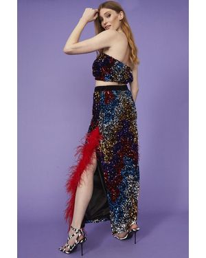 Jayley Multi Coloured Sequin Midi Skirt With Duel Feather Split Size - Blue