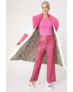 Jayley Trench Style Belted Coat With Faux Fur Cuffs And Collar Si - Pink