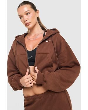 Nike Womens Felpa con Cappuccio Cropped Full Zip Studio Fleece - Marrone
