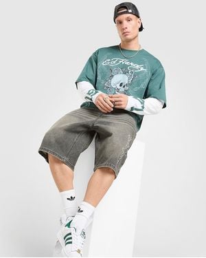 Ed Hardy Mens Maglia Manica Lunga Layered Skull - Verde