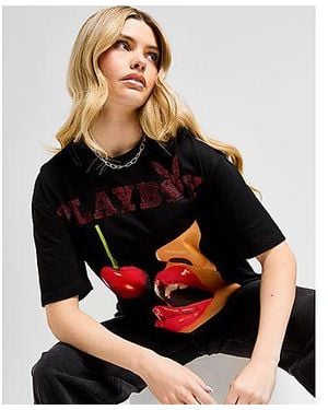 Playboy Cherry Diamante Boyfriend T-shirt - Black