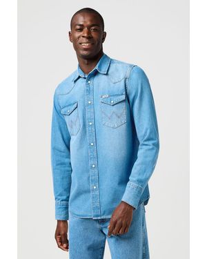 Wrangler Denim Overhemd Mid Light Wash - Blauw