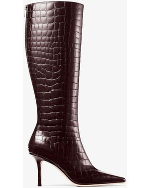 Jimmy Choo Agathe 85 Leather Croc-Embossed Knee-High Boots - Brown