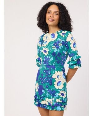 Joanie Clothing Katy Floral Print Ruffle Sleeve Mini Dress- Uk - Blue