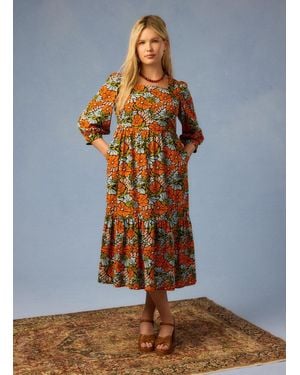 Joanie Clothing Candi Vintage Floral Print Square Neck Midi Dress- Uk - Orange